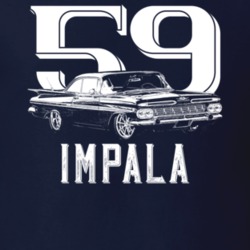 1959 Impala Three Quarter View With Year And Model Dark Color T Shirt