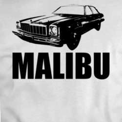 1975 Chevy Malibu 3 Point View With Model Black T Shirt