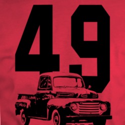 1949 F100 Three Quarter Angle View With Year And Model Name Red T Shir