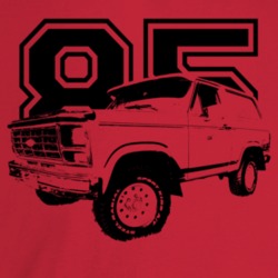 1985 Bronco Three Quarter Angle View With Year Light Color T Shirt