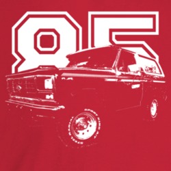 1985 Bronco Three Quarter Angle View With Year Dark Color T Shirt