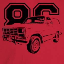 1986 Bronco Three Quarter Angle View With Year Light Color T Shirt