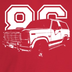 1986 Bronco Three Quarter Angle View With Year Dark Color T Shirt
