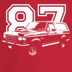 1987 Bronco Three Quarter Angle View With Year Dark Color T Shirt