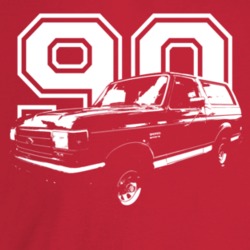 1990 Bronco Three Quarter Angle View With Year Dark Color T Shirt