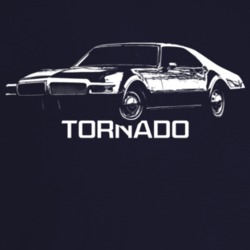 1968 Tornado Three Quarter Angle View With Model Name Dark Color T Shi