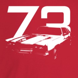 1973 Tornado Three Quarter Angle View With Year Dark Color T Shirt