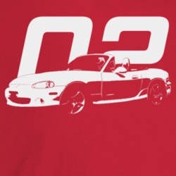 2002 Miata Three Quarter Angle View With Year Dark Color T Shirt
