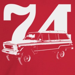 1974 Wagoneer Three Quarter Angle View With Year Dark Color T Shirt