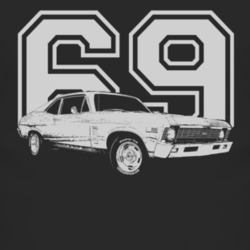 1969 CHEVY NOVA Faded Look Side View White Graphic With Year Dark T Sh