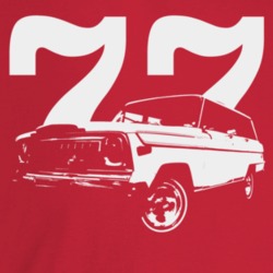 1977 Wagoneer Three Quarter Angle View With Year Dark Color T Shirt