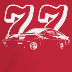 1977 Monza Three Quarter Angle View With Year Dark Color T Shirt