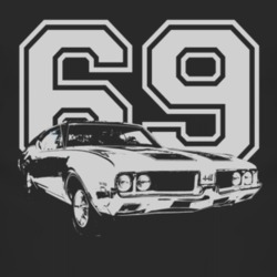 1969 OLDSMOBILE 442 Faded Look Side View White Graphic With Year Dark 
