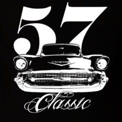 1957 Chevy Classic Grill View With Year and Model Name Dark Shirt