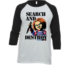 Chucky Search And Destroy Childs Play Movie Fan Raglan T Shirt Chucky Search And Destroy Childs Play Movie Fan Raglan T Shirt
