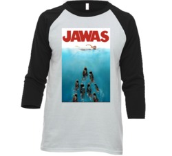 Jawas Jaws Star Wars Mashup Parody Poster Raglan T Shirt Jawas Jaws Star Wars Mashup Parody Poster Raglan T Shirt