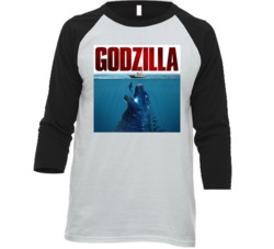 Godzilla Jaws Movie Mashup Parody Poster Fan Raglan T Shirt Godzilla Jaws Movie Mashup Parody Poster Fan Raglan T Shirt