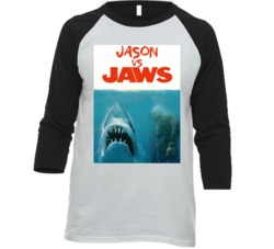 Jason Voorhees Vs Jaws Friday The 13th Movie Poster Mashup Fan Raglan Jason Voorhees Vs Jaws Friday The 13th Movie Poster Mashup Fan Raglan