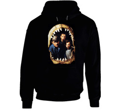 Jaws Brody Hooper Quint Shark Teeth Fishermen 1975 Vintage 70s Movie Film Black Hooded Sweatshirt Hoodie Jaws Brody Hooper Quint Shark Teeth Fishermen 1975 Vintage 70s Movie Film Black Hooded Sweatshirt Hoodie