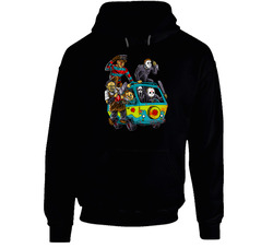 Horror Characters Hippie Van Freddy Vs Jason Chucky Leatherhead Ghostface Scream Halloween Black Hooded Sweatshirt Hoodie