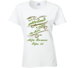 Never Underestimate Woman Who Drives Alfa Romeo Tipo 33 Car T shirt