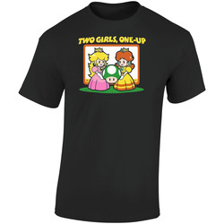 Two Girls 1 Up Funny Mario Video Game Retro Graphic Unisex Soft Cotton Black T Shirt