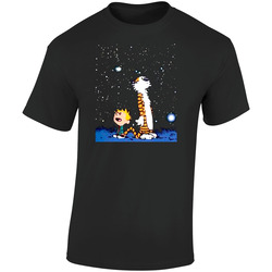 New Calvin And Hobbes Stargazing Retro Graphic Unisex Soft Cotton Black T Shirt