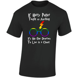 No One Should Live In A Closet Harry Potter Gay Glassess Lightning Pride Colors Retro Graphic Unisex Soft Cotton Black T Shirt