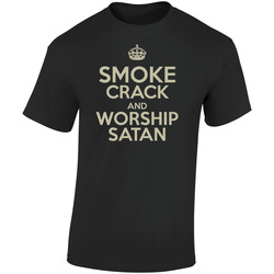 Funny Smoke Crack And Worship Satan  Retro Graphic Unisex Soft Cotton Black T Shirt
