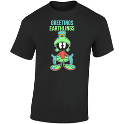 Marvin Martian Greetings Earthlings  Retro Graphic Unisex Soft Cotton Black T Shirt