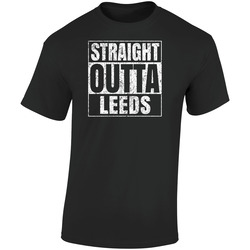 Straight Outta Leeds United Kingdom Parody City Worn Look Retro Graphic Unisex Soft Cotton Black T Shirt