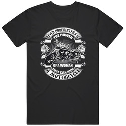 Never Underestimate The Power Of A Woman That Can Ride A Motorcycle Classic Motorcycle Badge Rebel Rider Lady Rider Retro Graphic Unisex Cotton Black T Shirt