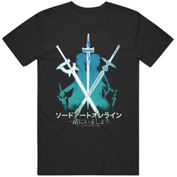 Sword Art Online Kirito And Asuna Elucidator, Dark Repulser, And Lambent Light Weapons Graphic Retro Graphic Unisex Cotton Black T Shirt