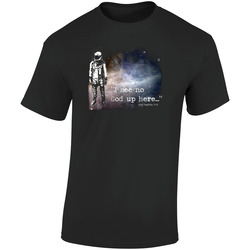 Astronaut Quote I See No God Up Here Retro Graphic Unisex Soft Cotton Black T Shirt