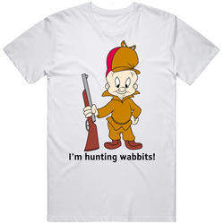 Elmer Fudd Cartoon I'm Hunting Wabbits Mens Size Large White Unisex Soft Cotton tee T Shirt