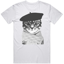 Designer French Cat Glasses Beret Hat Scarf Hipster T Shirt