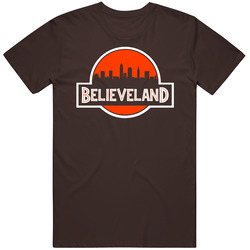 Believeland Cleveland Football Jurassic Park Logo Skyline Mashup Parod