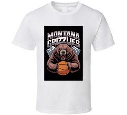 Depict Monte the Grizzly roaring fiercely while clutching a basketball, set against snow-capped mountains. Include the text \ T Shirt