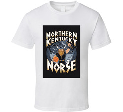School Colors: ? Gold & Black\nMascot: ⚔️ Victor E. Viking\nPrompt:\nNorthern Kentucky Norse - Victor E. Viking gripping a basketball in one hand and raising a golden battle axe in the other, with a fierce stormy sky behind him. \ T Shirt