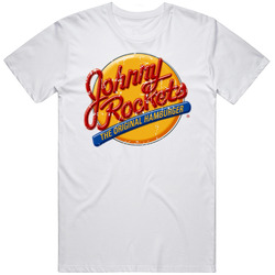 Johnny Rockets Fast Food Restaurant Distressed Look Retro Graphic Unisex Cotton White Classic T Shirt
