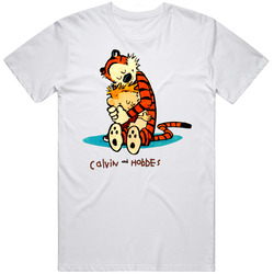 Calvin And Hobbes Hugging Retro Graphic Unisex Cotton White Classic T Shirt