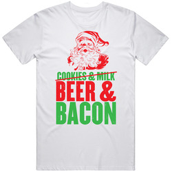 Beer And Bacon Not Cookies And Milk Funny Santa Christmas Xmas Retro Graphic Unisex Cotton White Classic T Shirt