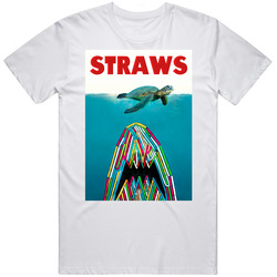Straws Jaws Poster Parody Save The Turtles  Retro Graphic Unisex Cotton White Classic T Shirt