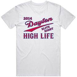 2014 Dayton Flyers High Life Basketball T Shirt - Morgan Miller Retro Graphic Unisex Cotton White Classic T Shirt