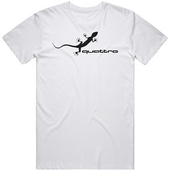 Audi Quattro Gecko Automobile Car Parts Cool Distressed Style Brand Logo Emblem White Font Retro Graphic Unisex Cotton White Classic T Shirt