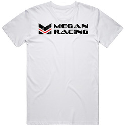 Megan Racing Automobile Car Truck Motorcycle Auto Parts Cool Distressed Style Brand Logo Emblem White Font Retro Graphic Unisex Cotton White Classic T Shirt