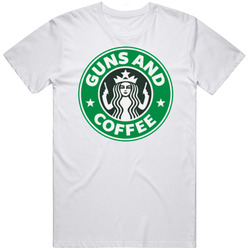 Guns And Coffee Starbucks Parody Funny Retro Graphic Unisex Cotton White Classic T Shirt