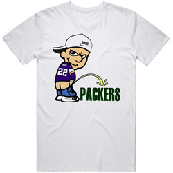 Vikikings Fan Pissing On The Packers Wearing Smith 22 Jersey Minnesota Vikings Rule Packers Suck Funny Retro Graphic Unisex Cotton White Classic T Shirt