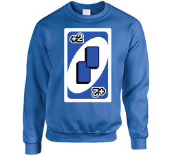 Draw Two 2 Blue Uno Card Game Fan Halloween Fancy Dress Sweater Crewneck Sweatshirt