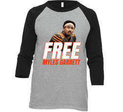 Free Myles Garrett Cleveland Football Player Helmet Fight Support Fan Raglan Unisex Soft Cotton Tee Raglan 3/4 Sleeve Shirt